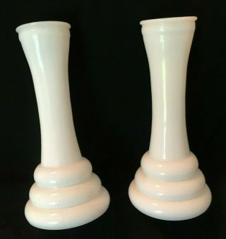 2 Vintage Mid Century Art Deco Style 3 Ring White Milk Glass Bud Vase 6 " Mcm Set