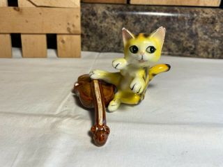 Vintage Yellow Striped Cat With Cello Salt And Pepper Shakers