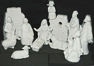 12 Piece Vintage Ceramic Bisque,  Ready To Paint,  Christmas Nativity Scene