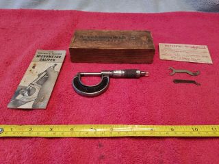 Brown & Sharpe Micrometer Caliper 0 - 1 " 11a W/wooden Box And Paperwork Vtg Usa