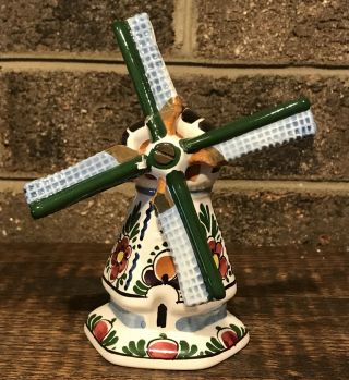 Vintage Blue Delft Holland Hand Painted Windmill 3 - 1/2 " Flowers
