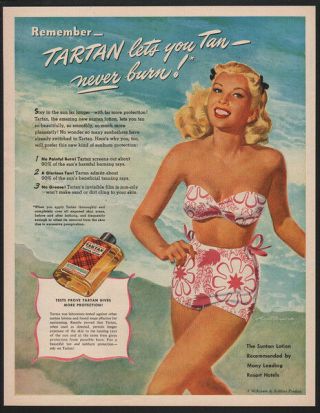 1948 Tartan Suntan Lotion - Sexy Pretty Woman In Bikini Vintage Advertisement
