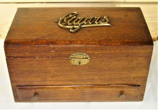 Antique Wood Cigar Humidor Box Metal Lined Metal " Cigar " On Top & Drawer