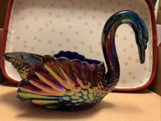 Vintage Iridescent Green Carnival Glass Swan Candy Dish 8 " Rare