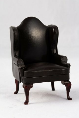 Dollhouse Miniatures Vintage Brown Leather Wing Back Chair W/ Mahogany Legs