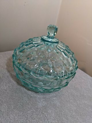 Vintage Fostoria American Teal Lidded Candy Dish With Lid