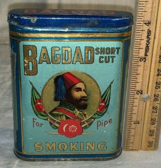 Antique Bagdad Short Cut Pipe Smoking Tobacco Tin Litho Vertical Pocket Can 2