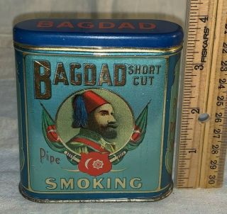 Antique Bagdad Short Cut Pipe Smoking Tobacco Tin Litho Vertical Pocket Can 1
