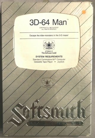 3d - 64 Man Arcade Game Softsmith Commodore 64 Cassette Tape Based In The Box