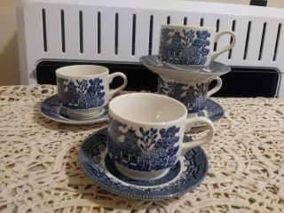 Vintage Churchill England Blue Willow Coffee Tea Cup Saucer - Set Of 4