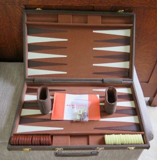 Vintage Full Size Backgammon Set Faux Leather Briefcase Style Brown Complete
