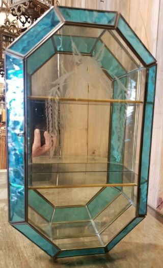 Vintage Curio Stain Blue Glass & Brass Table Top,  Wall Display Case Engraved