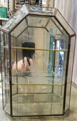 Vintage Curio Glass & Brass Table Top,  Wall Cabinet Display Case Engraved