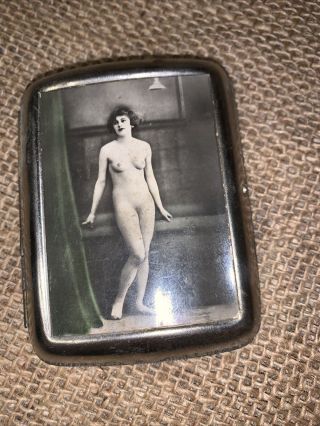 Vintage Art Deco Cigarette Case Nude Lady 3” X 2 1/2”