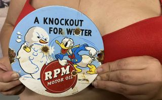 Vintage Motor Oil Donald Duck " 6 " Porcelain Metal Walt Disney Gasoline Sign