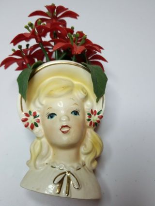Vintage Christmas Lady Head Vase Inarco E - 1274 4 " Tall,  With Flowers