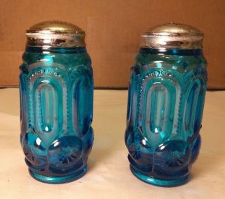 Vintage Indiana Glass Aqua Blue Diamond Point Salt And Pepper Shakers 4”