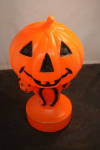 14” Vintage Halloween Blow Mold Light Black Cat Jack O Lantern Pumpkin Decor