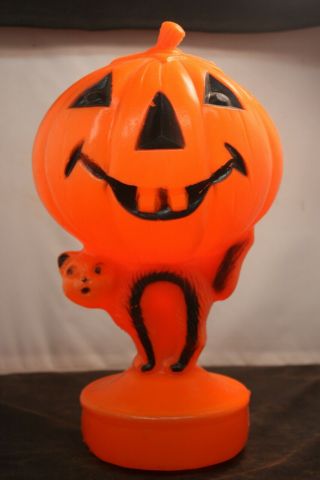 14” Vintage Halloween Blow Mold Light Black Cat Jack O Lantern Pumpkin Decor 2