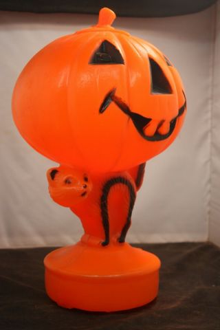 14” Vintage Halloween Blow Mold Light Black Cat Jack O Lantern Pumpkin Decor 3