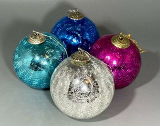 4 Vintage Kugel - Style Christmas Ornaments Crackle Mercury Glass Heavy Large 4”