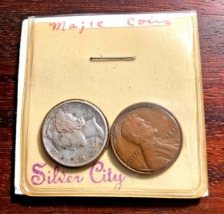Vintage 1941 Magic Trick 2 Coin Set / Mercury Dime / Lincoln Penny