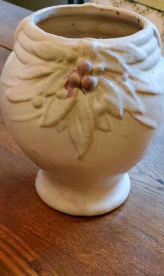 Rare Mccoy Pottery White Vintage Vase Ivory Leaves Berries,  Art Deco,