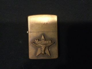 Vintage Solid Brass Marlboro Texas Star Longhorn Steer Bull Zippo Lighter Vii