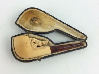 Antique Hunting Dog Carved Meerschaum Pipe With Case