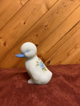 Vintage Fenton Art Glass Blue Satin Glass Duckling Duck Blue Roses Hand Painted