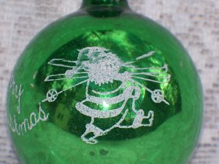 Vintage Christmas Tree Ornament Glass Santa Skiing Stencil Green B8