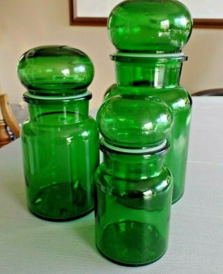 Vtg Green Glass Bubble Top Apothecary Made In Belgium Set 3 Canisters 5.  5 " - 8.  5 "