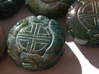 Vintage Carved Chinese Focal Bead 30mm X 12mm Bloodstone Agate Stone Green Coin