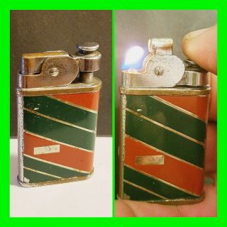 Early Push Button Automatic Petrol Lighter Enamel Green & Red Striped