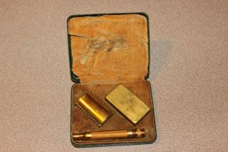 Vintage Gillette Safety Razor W/case And Blade Holder Gold - Tone
