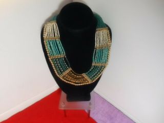Vintage Turquoise Beaded Egyptian Cleopatra Collar Statement Necklace