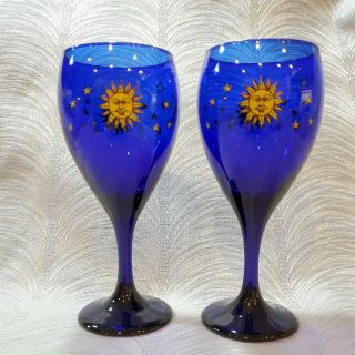 Vintage Libbey Cobalt Blue Celestial Sun Moon Stars Stemware Set Of 2 Wine Stems
