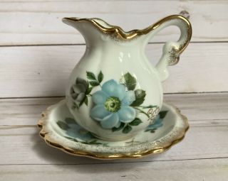 Vintage Small Porcelain Pitcher And Bowl Set,  Gold Trim Hand Painted