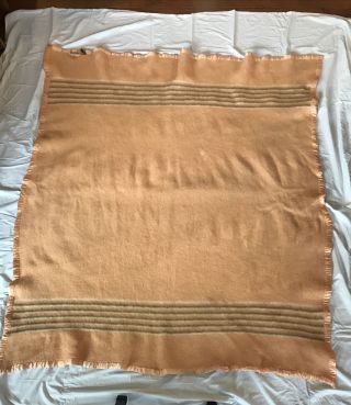 Vintage Dauphine Eulan Bayer Wool Blanket 68” X 59” Light Peach Cream Brown Euc