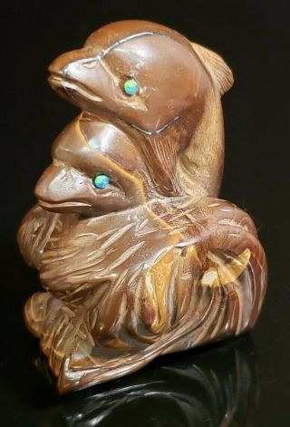Vintage Natural Stone Carving Tribal Style Art Dolphin With Opal Eyes