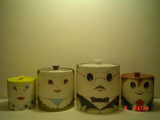 Vintage 4 Pc Mancer " Faces " Canister Set W/ Lids From Italy,  All In Exc Shape