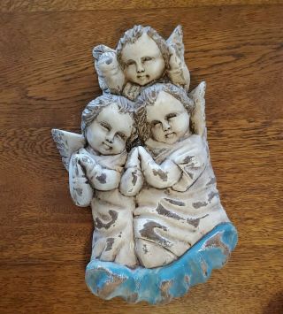 Vintage Hand Carved Wood Angels Cherubs Trio 11 " Rustic Wall Mount Decoration