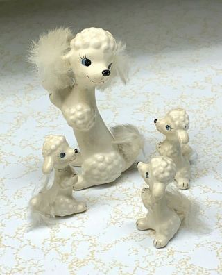 Vintage Porcelain Poodle Figurines,  Mom & 3 Babies,  Rabbit Hair Ears & Tails