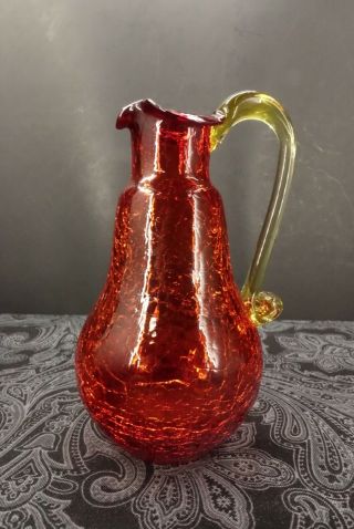 Vintage Red Crackle Hand Blown Glass Small Pitcher Applied Yellow Scroll Handle