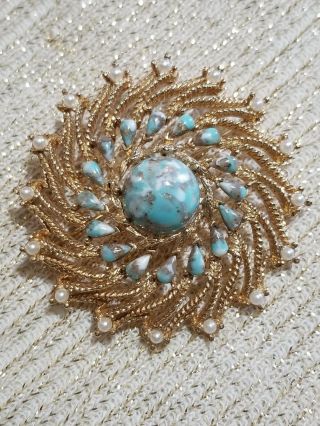 Sarah Coventry Robin Egg Faux Turquoise Pearl Gold Tone Vintage Pin Brooch
