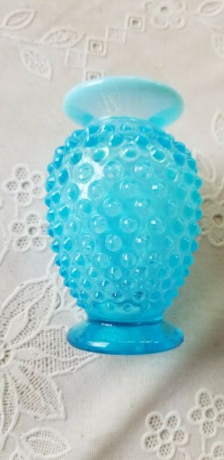 Lovely Vintage Small Aqua Blue Opalescent Hobnail Turned Rim Mini Vase 3 1/2 "
