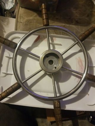 Vintage Nautical Stainless Steel Ship Boat Steering Wheel Wood Handle 2