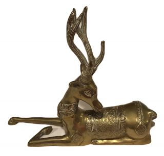Vtg Solid Brass Reindeer Deer Lying Down Figurine Statue Mid Century