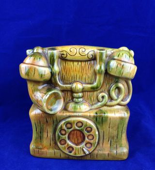 Vintage Porcelain Lego Rotary Telephone Planter Brown Green Glaze Made In Japan