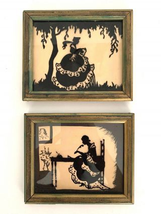 Set Of 2 Vintage Victorian Reverse Painted Silhouettes Glass Framed 5 " X 6 "
